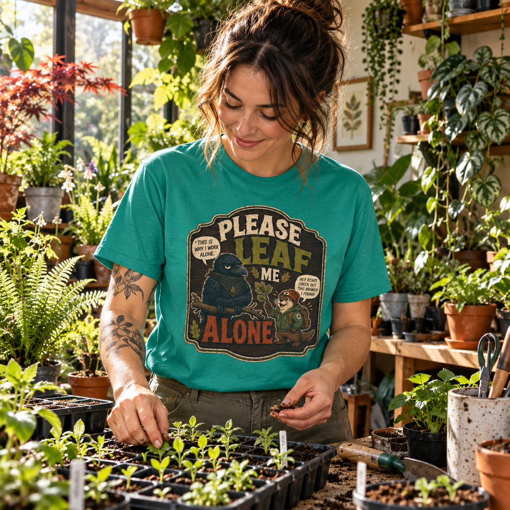 Please Leaf Me Alone (This is Why I Work Alone) Version 3 T‑Shirt