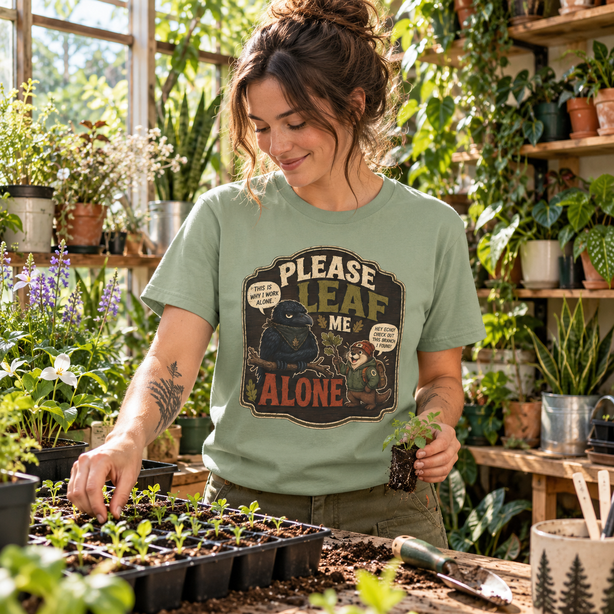 Please Leaf Me Alone (This is Why I Work Alone) Version 3 T‑Shirt
