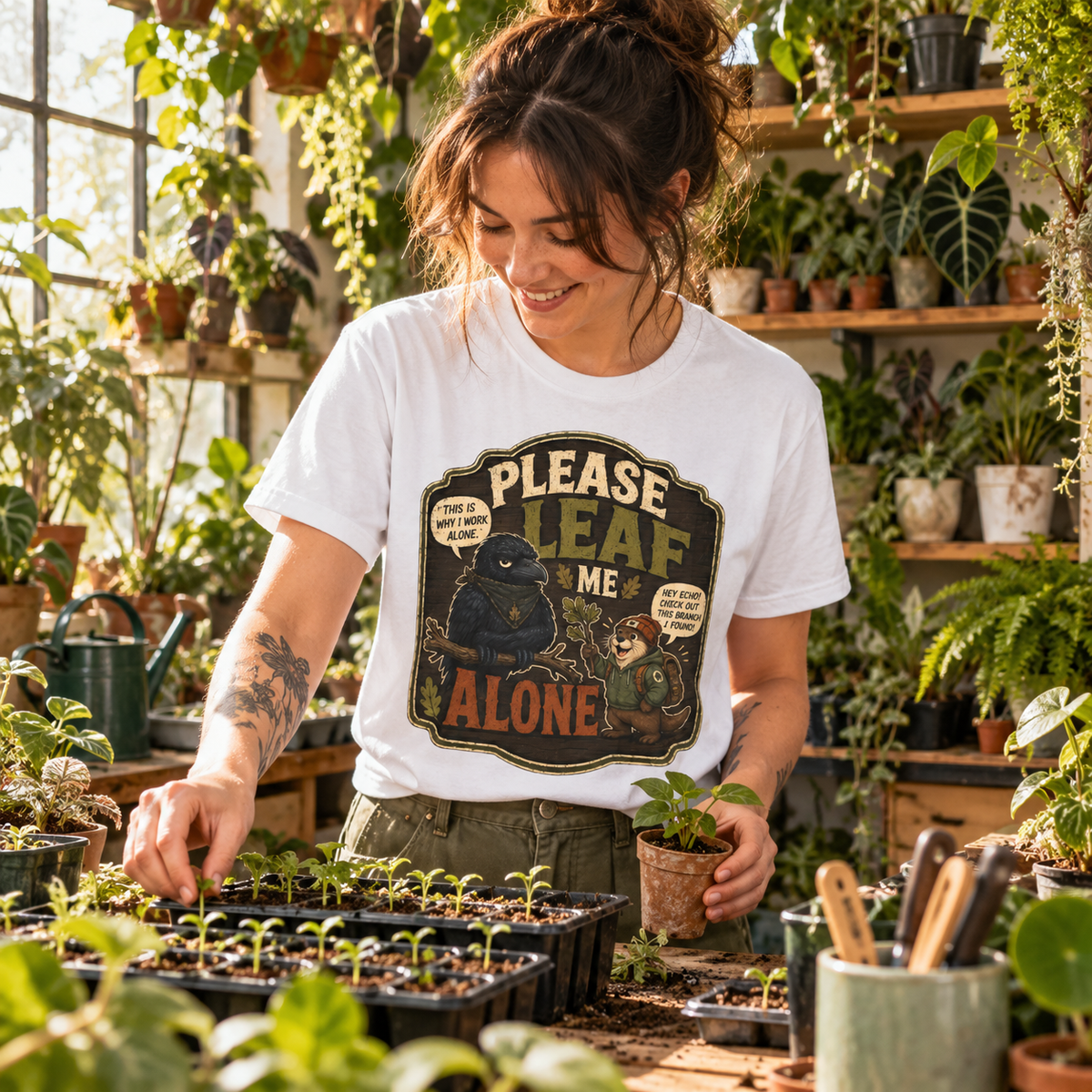 Please Leaf Me Alone (This is Why I Work Alone) Version 3 T‑Shirt
