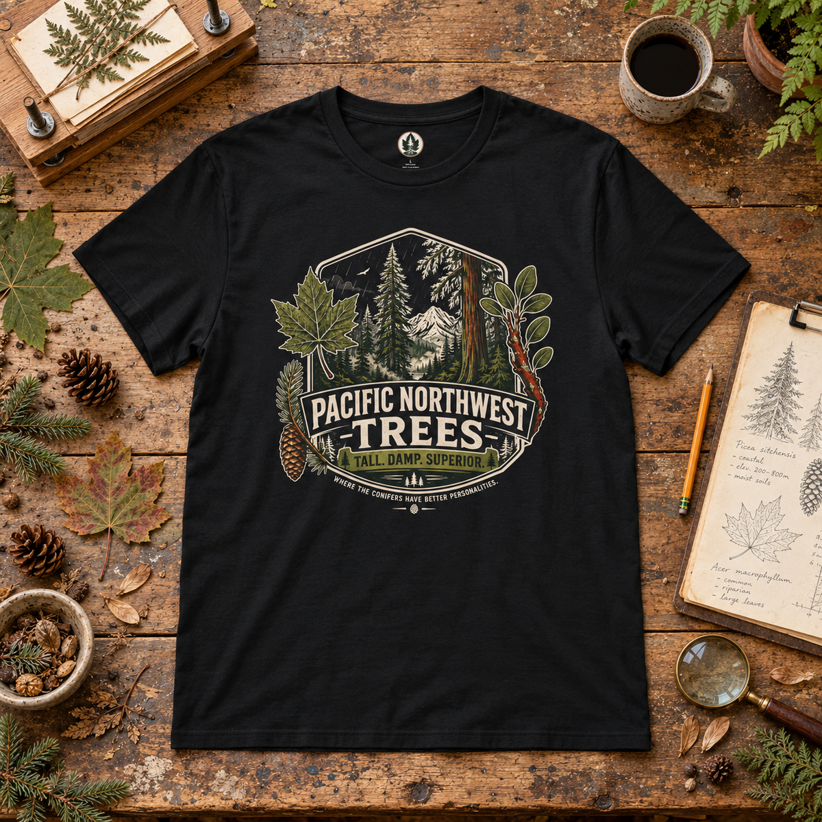 Pacific Northwest Trees, Tall, Damp, Superior T‑Shirt