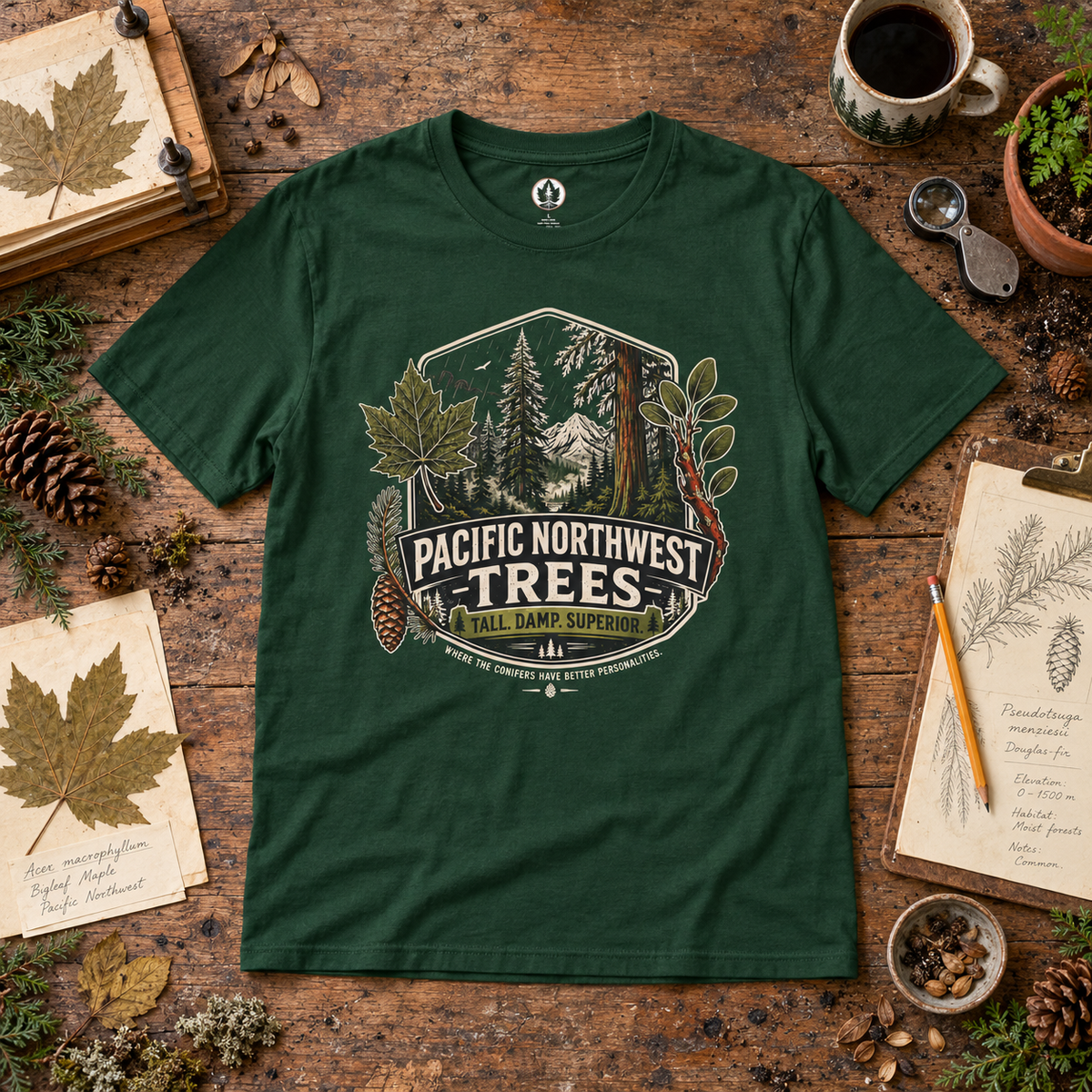 Pacific Northwest Trees, Tall, Damp, Superior T‑Shirt