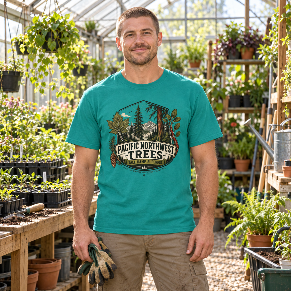 Pacific Northwest Trees, Tall, Damp, Superior T‑Shirt