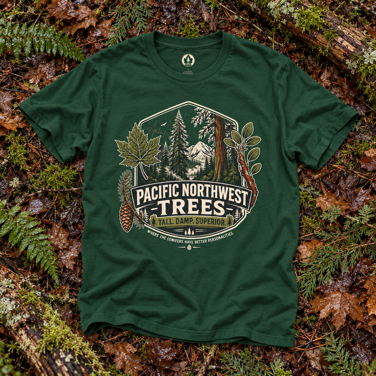 Pacific Northwest Trees, Tall, Damp, Superior T‑Shirt