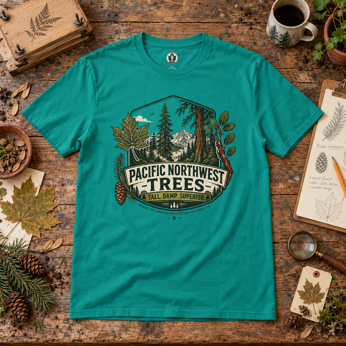 Pacific Northwest Trees, Tall, Damp, Superior T‑Shirt