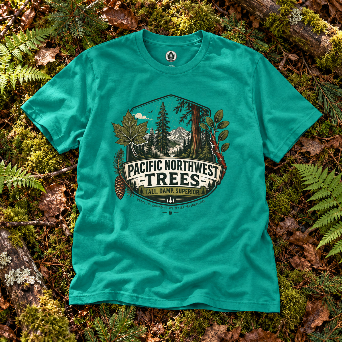 Pacific Northwest Trees, Tall, Damp, Superior T‑Shirt