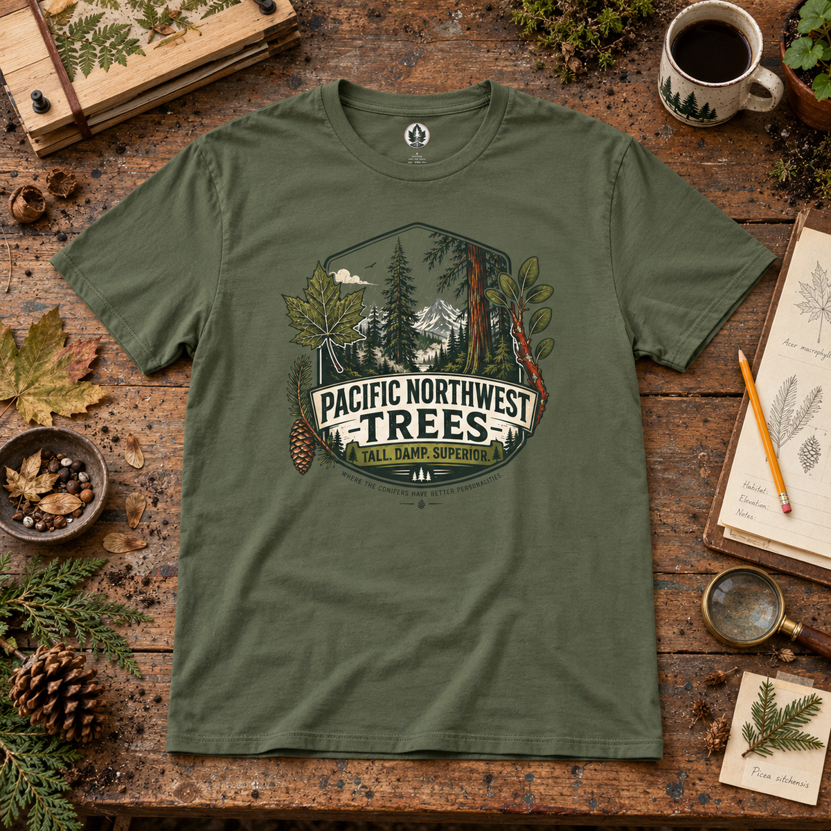 Pacific Northwest Trees, Tall, Damp, Superior T‑Shirt