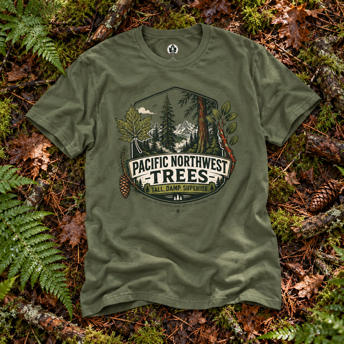 Pacific Northwest Trees, Tall, Damp, Superior T‑Shirt