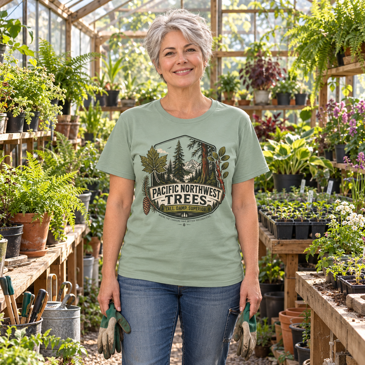 Pacific Northwest Trees, Tall, Damp, Superior T‑Shirt