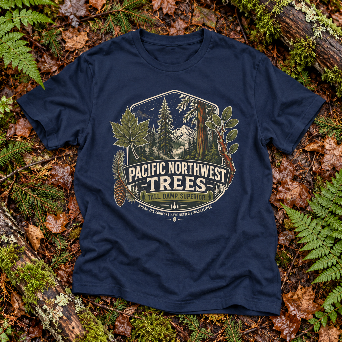 Pacific Northwest Trees, Tall, Damp, Superior T‑Shirt