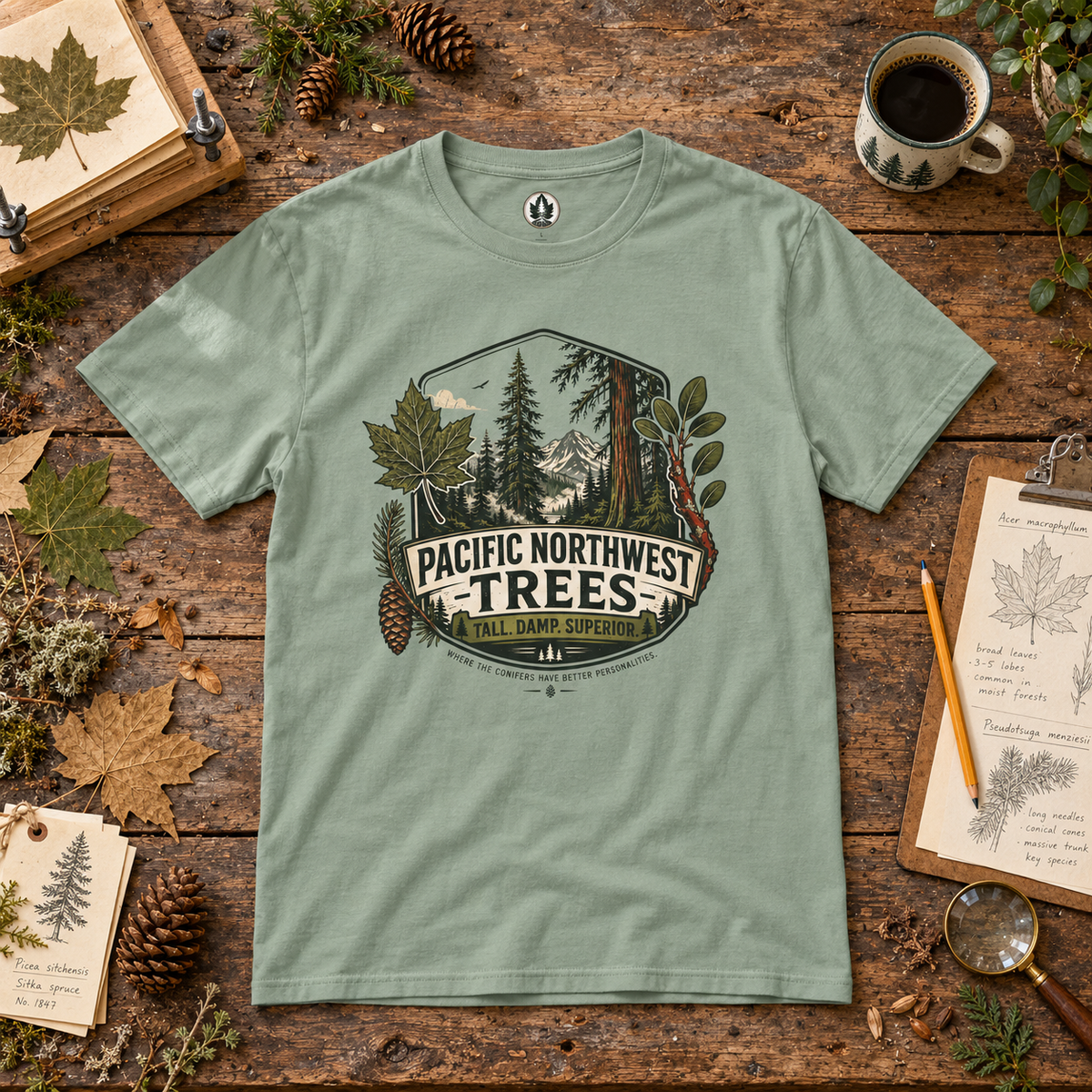 Pacific Northwest Trees, Tall, Damp, Superior T‑Shirt
