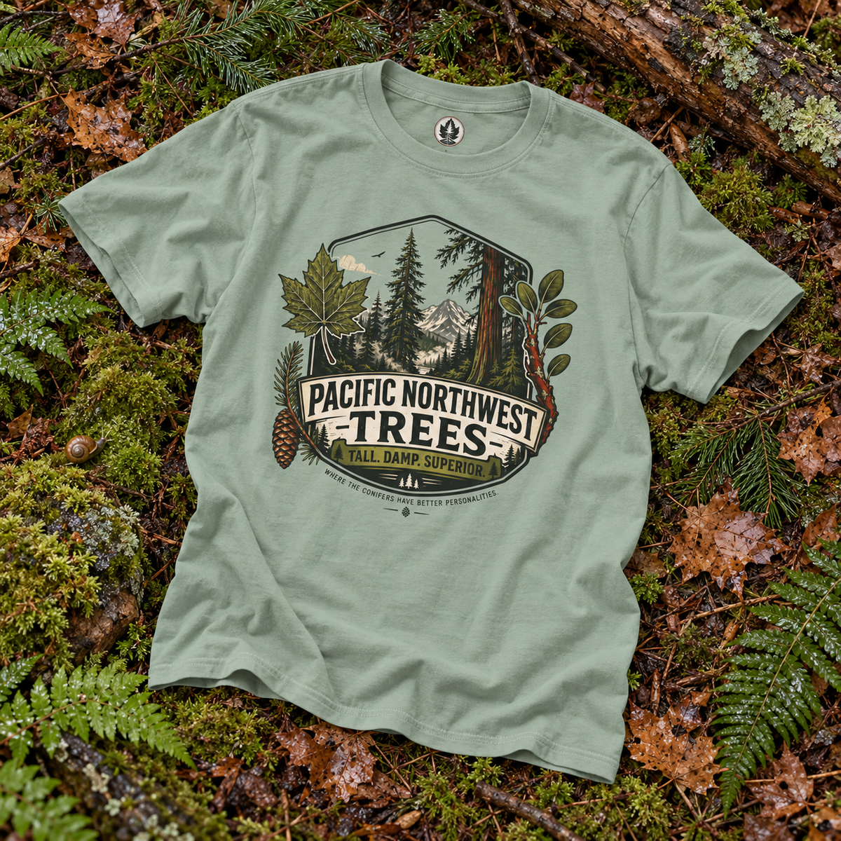 Pacific Northwest Trees, Tall, Damp, Superior T‑Shirt