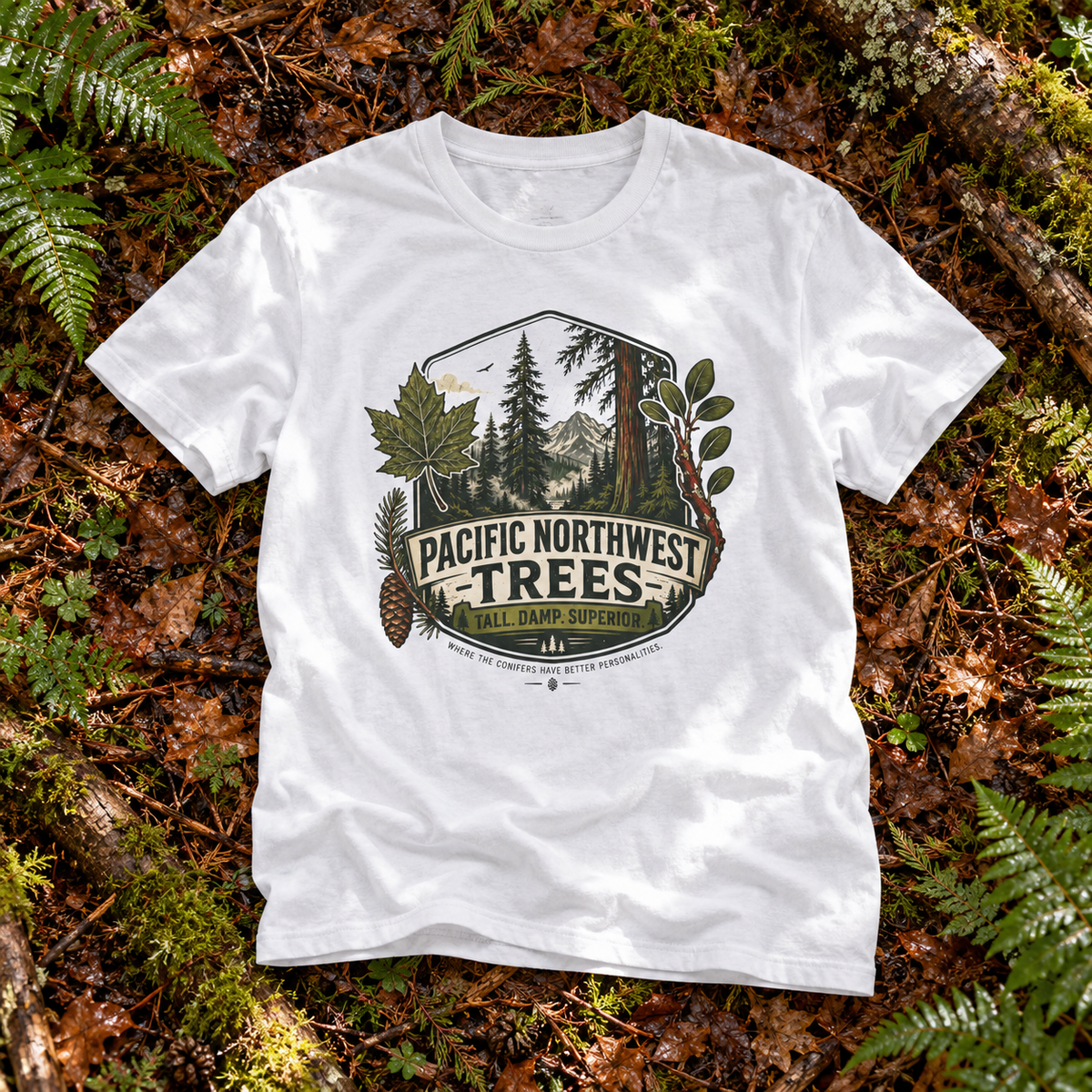 Pacific Northwest Trees, Tall, Damp, Superior T‑Shirt
