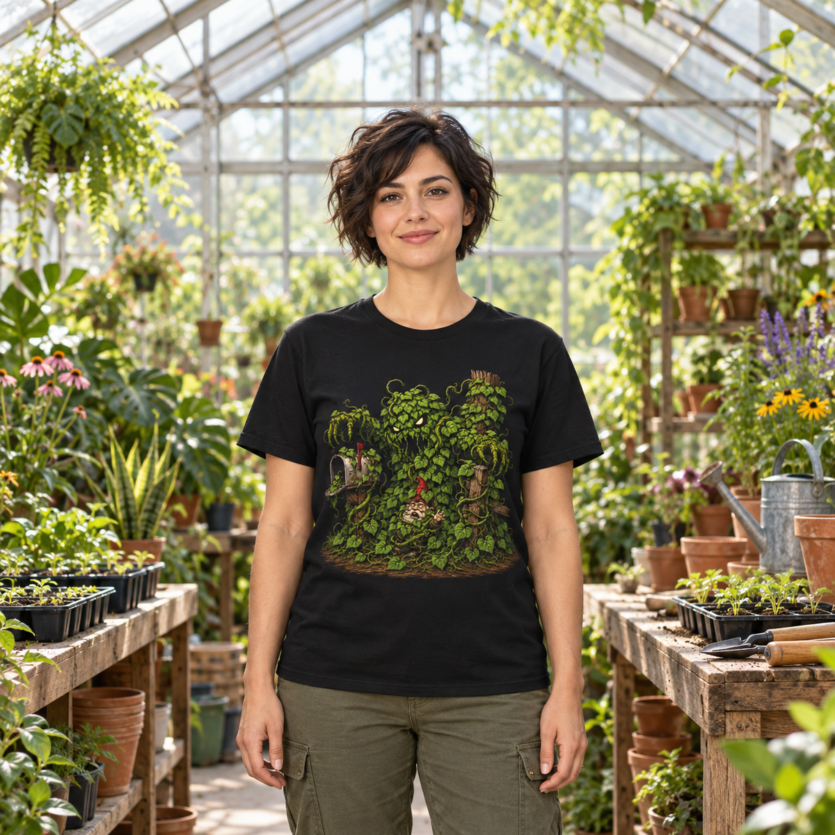 Kudzu Vine Monster with Garden Gnome Version 2 T‑Shirt
