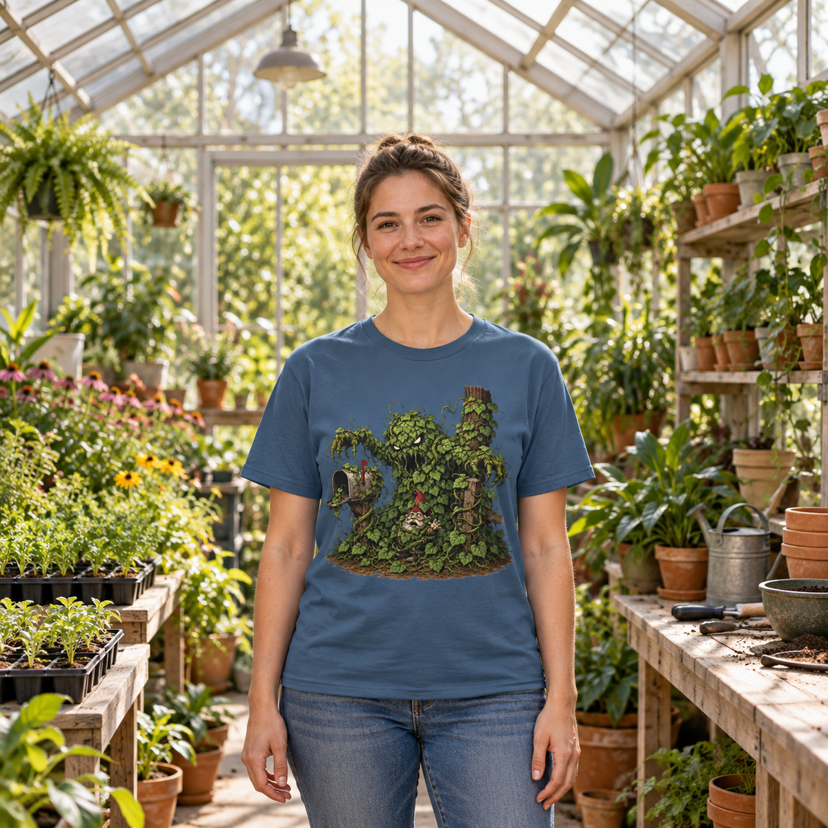 Kudzu Vine Monster with Garden Gnome Version 2 T‑Shirt