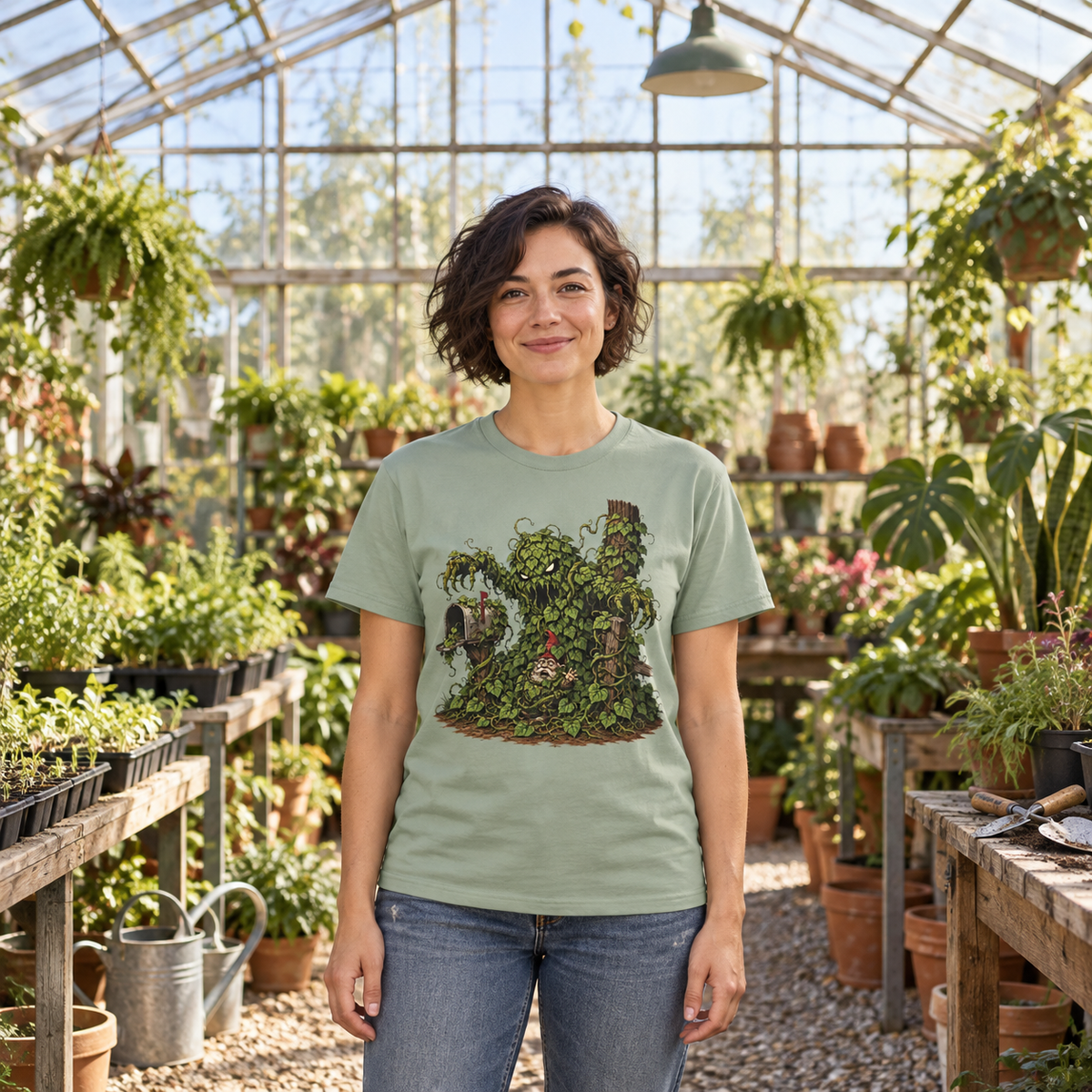 Kudzu Vine Monster with Garden Gnome Version 2 T‑Shirt