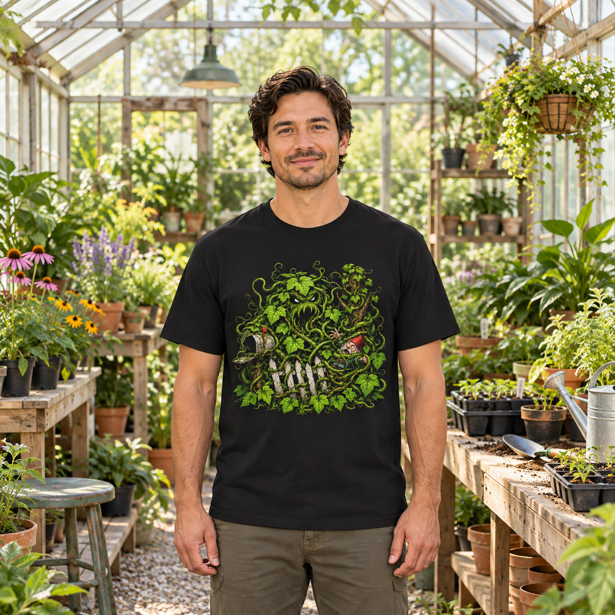 Kudzu Vine Monster with Garden Gnome Version 3 T‑Shirt