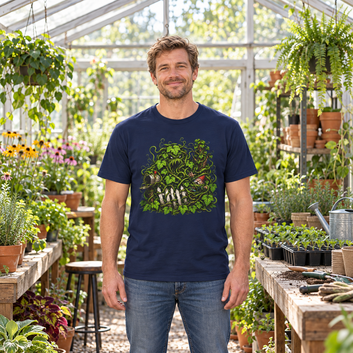 Kudzu Vine Monster with Garden Gnome Version 3 T‑Shirt