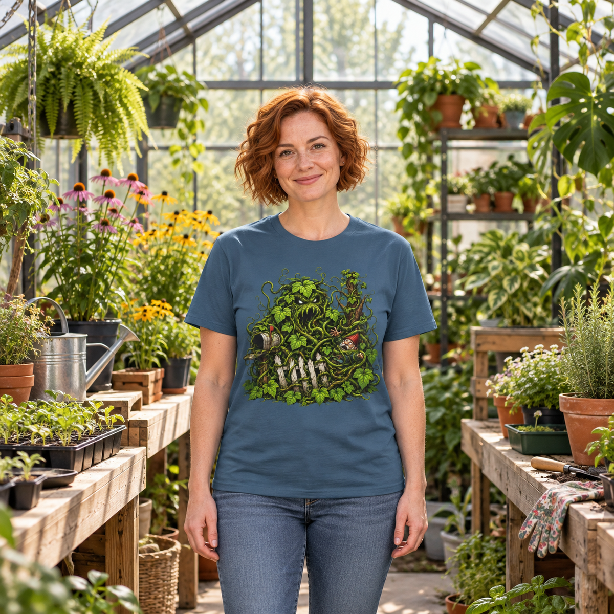 Kudzu Vine Monster with Garden Gnome Version 3 T‑Shirt