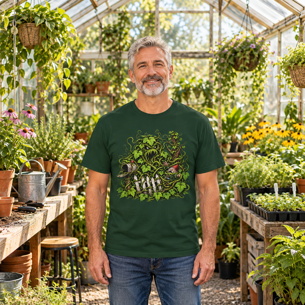 Kudzu Vine Monster with Garden Gnome Version 3 T‑Shirt