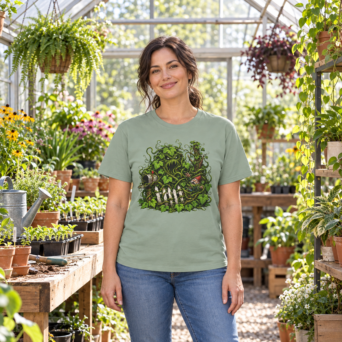 Kudzu Vine Monster with Garden Gnome Version 3 T‑Shirt