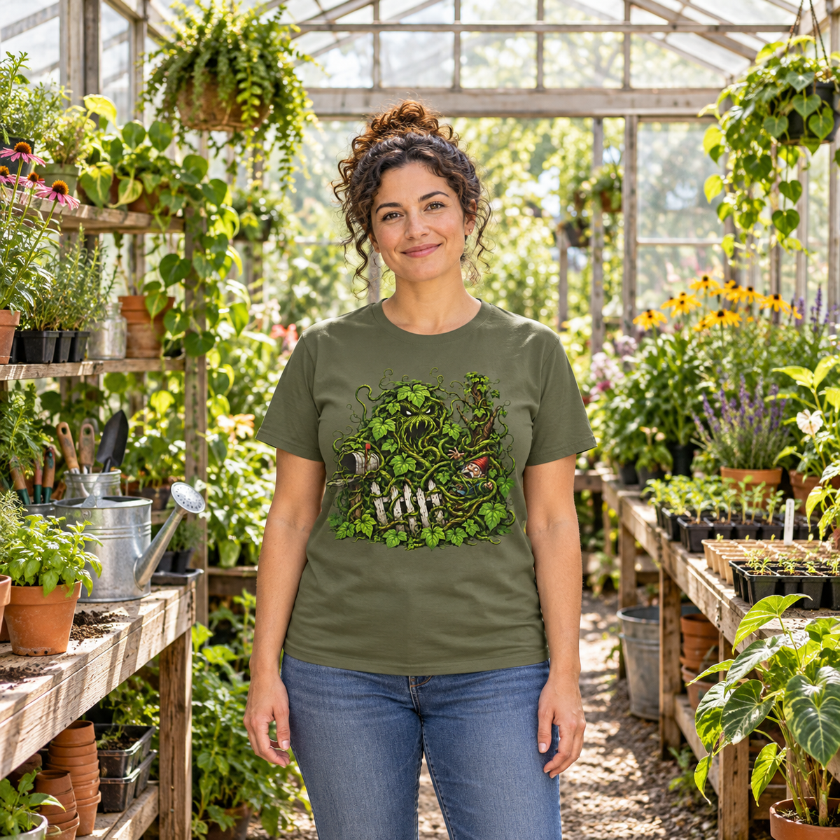Kudzu Vine Monster with Garden Gnome Version 3 T‑Shirt