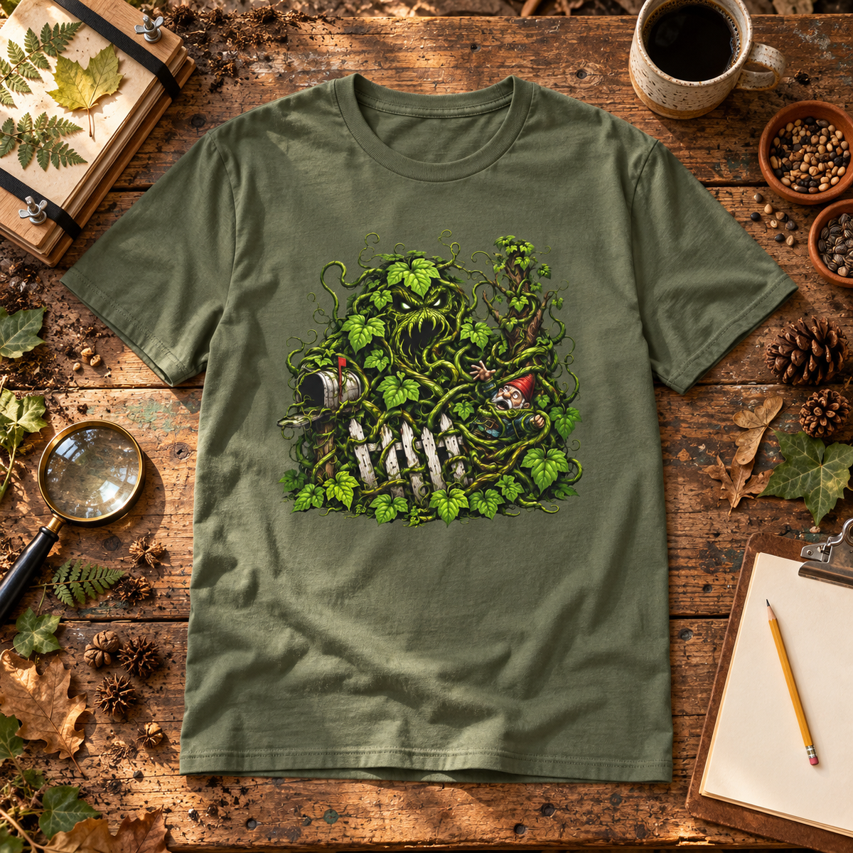 Kudzu Vine Monster with Garden Gnome Version 3 T‑Shirt