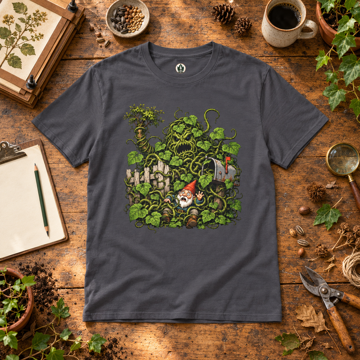 Kudzu Vine Monster with Garden Gnome Version 4 T‑Shirt