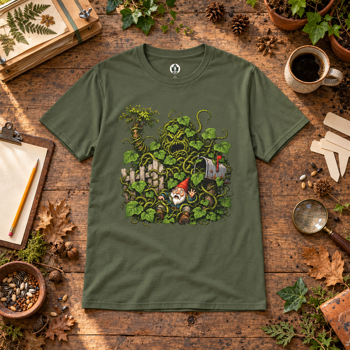 Kudzu Vine Monster with Garden Gnome Version 4 T‑Shirt