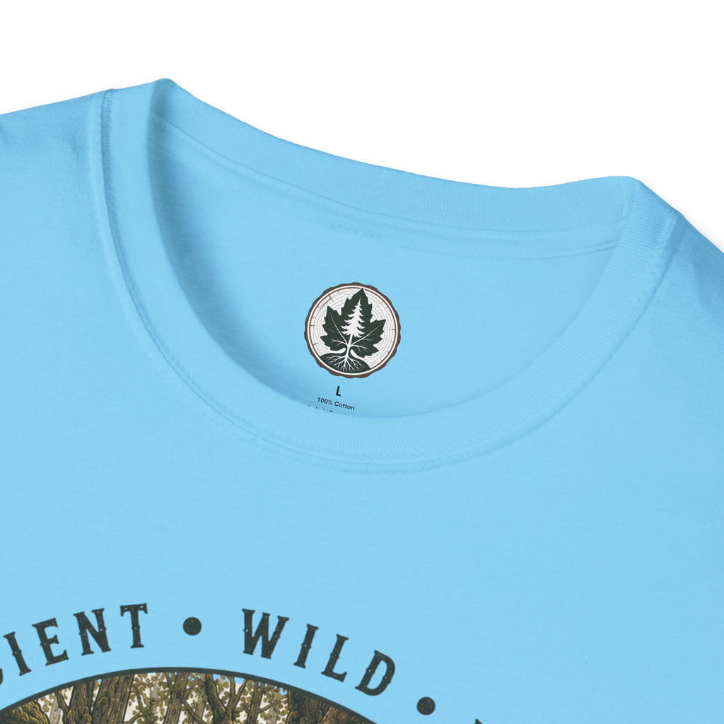 Pacific Northwest Tree T‑Shirt - "Ancient - Wild - Rooted" with Otto and Echo in the tree